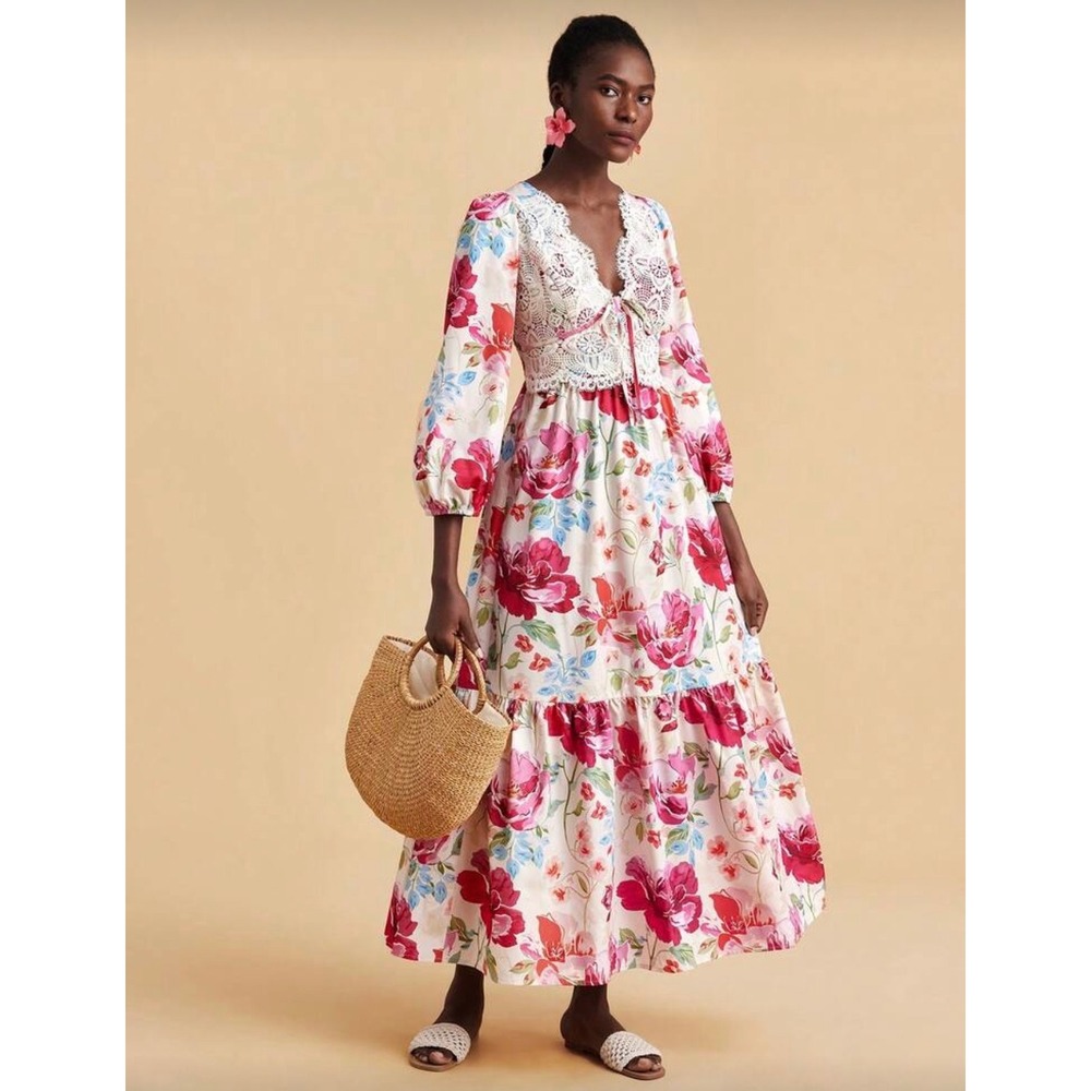 Floral Lace V-Neck Maxi Dress Pink White Long Balloon Sleeve Smocked Back Large